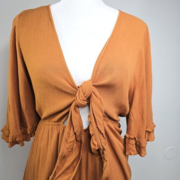 HYFVE Rust Orange Brown Ruffle Bell Sleeve Front Knot Romper - Picture 5 of 9